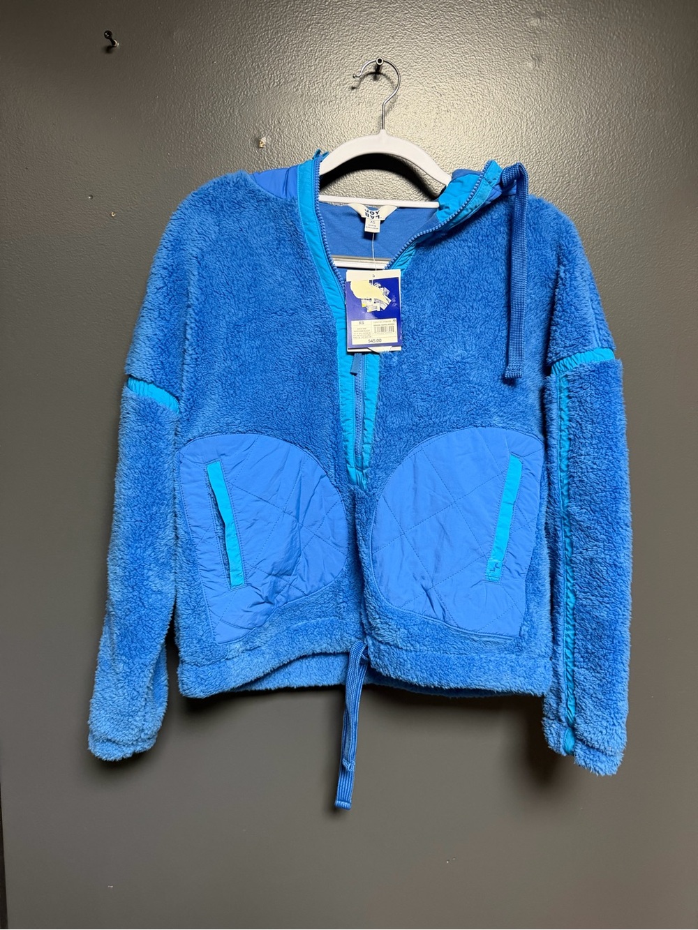 NWT JoyLab Super Sonic Blue Contrast Teddy Fleece Cropped Hooded Jacket XS